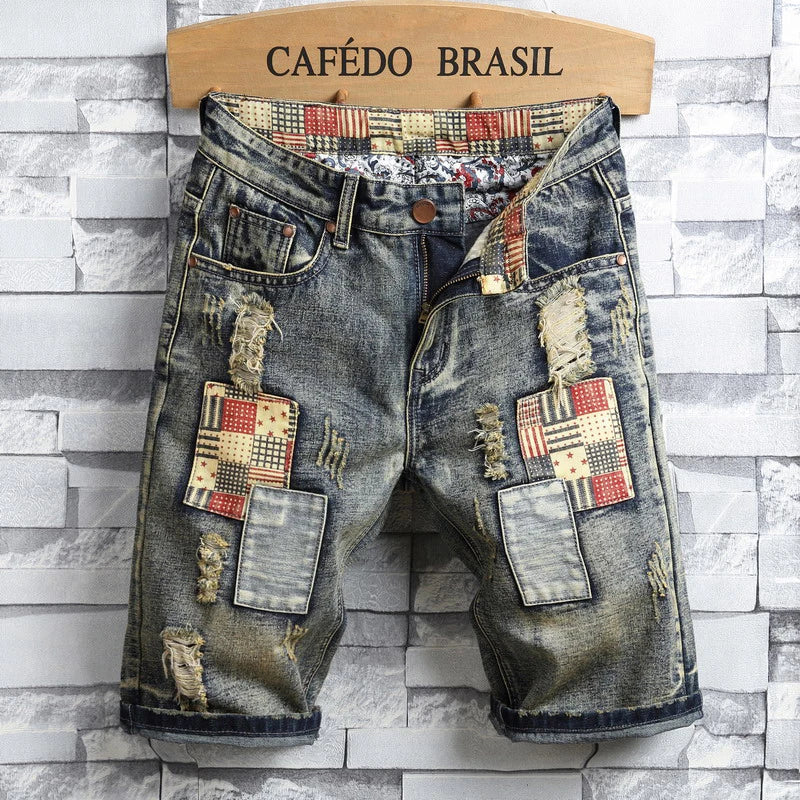 Brand Clothing New Summer Ripped Hole Denim Shorts Men Cotton Thin Straight Retro Biker Knee Length Short, Male Streetwear