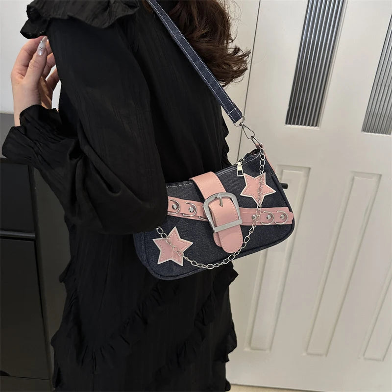 Fashion Women's Handbags Denim Stars Pattern Cool Girls Underarm Bag Female Small Shoulder Hobo Bags Chain Tote Bag