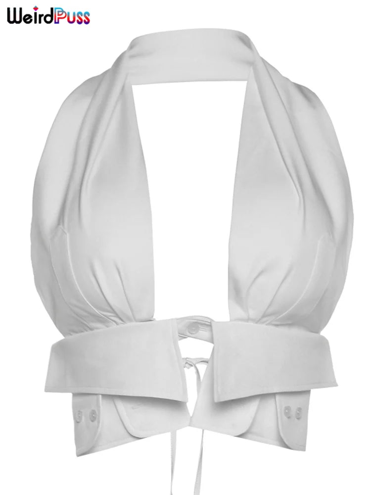 Weird Puss Y2K Button Halter Camisole Women V-Neck Skinny Elegant Sexy Summer Fashion 2022 Wild Streetwear Backless Tank Tops