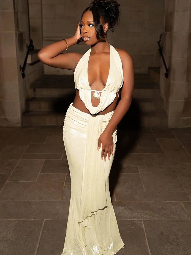 Weird Puss Thin Sexy Women 2 Piece Set Glitter Sheet Metal Backles Shalter Tank Tops+Ribbon Skirts Tight Vacation Matching Suits