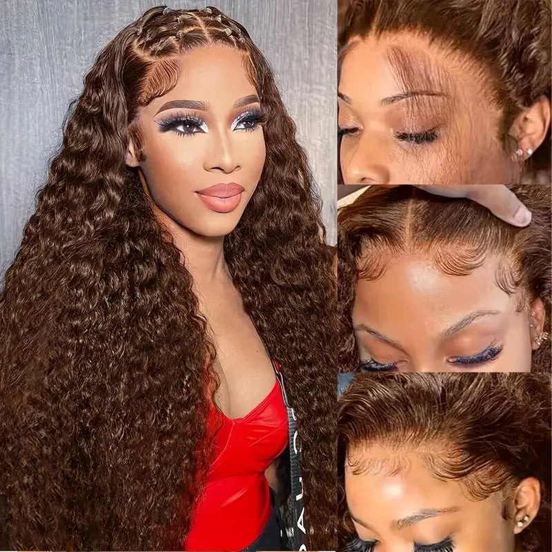 Chocolate Brown 13x4 Kinky Curly Lace Front Human Hair Wigs Pre Plucked Colored 13x6 Deep Wave Transparent Lace Frontal Wig