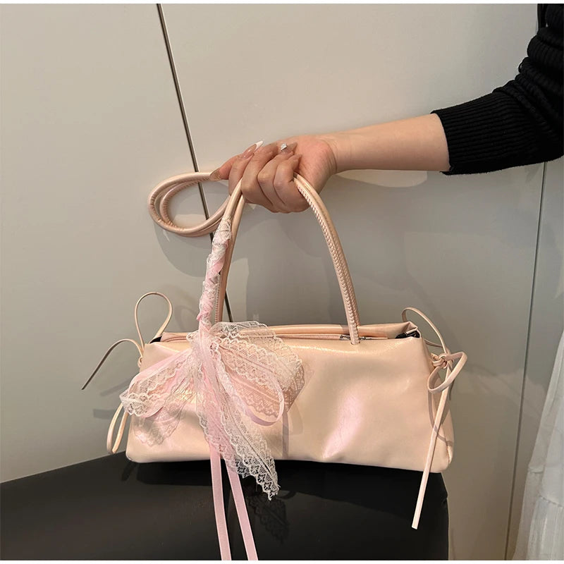 Korean Bow Ribbon Handbag Fashion Lace Square Shoulder Bag French Elegant Baguette Bag Leisure Large Capacity Tote Underarm Bag