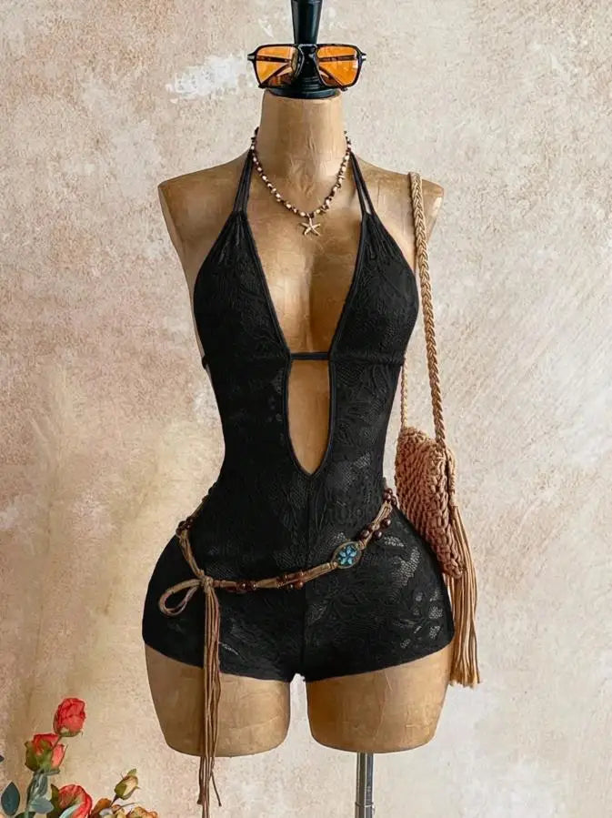 HLJ Summer New Sexy Lace See Through Patchwork Bodycon Rompers Woman Deep V-neck Backless Jumpsuits Female Streetwear Overalls