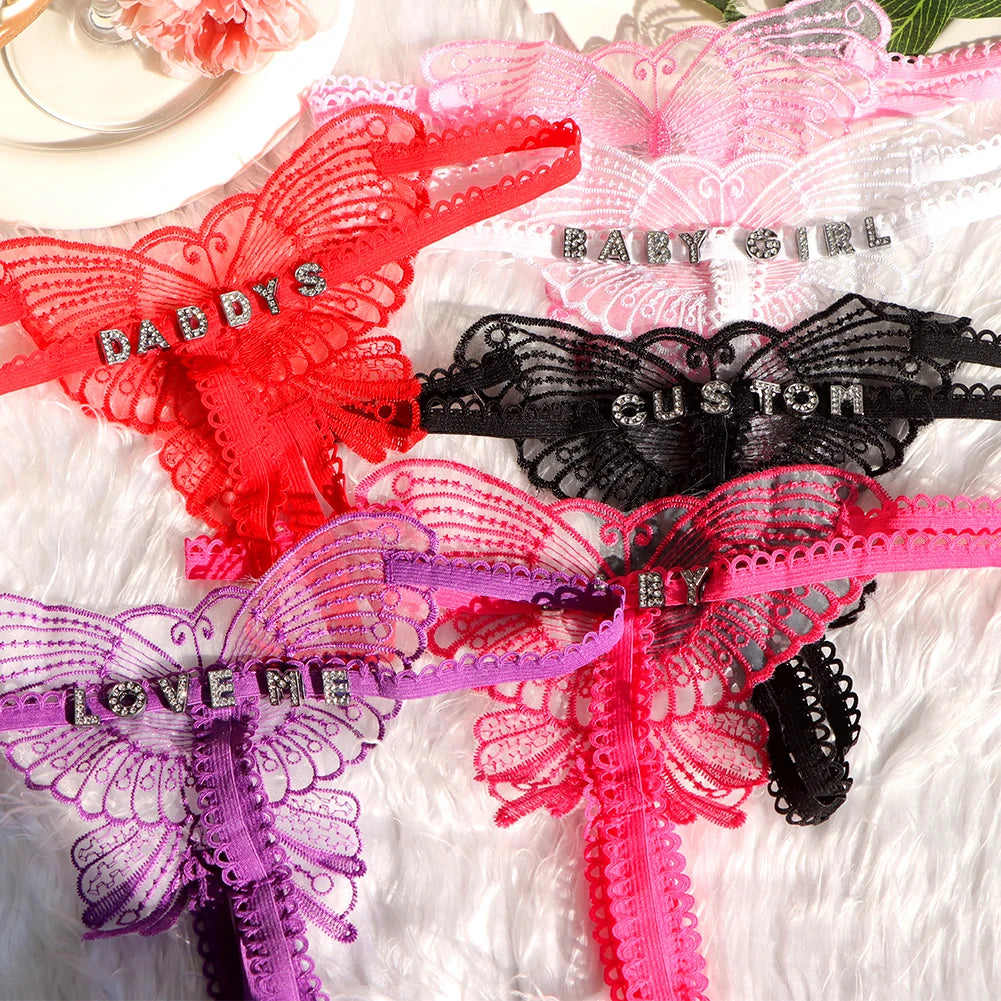 Sexy Butterfly Lace Panties Custom Name Crystal Letter Underwear Thong Transparent Lingerie Personality Girls Intimates Gift