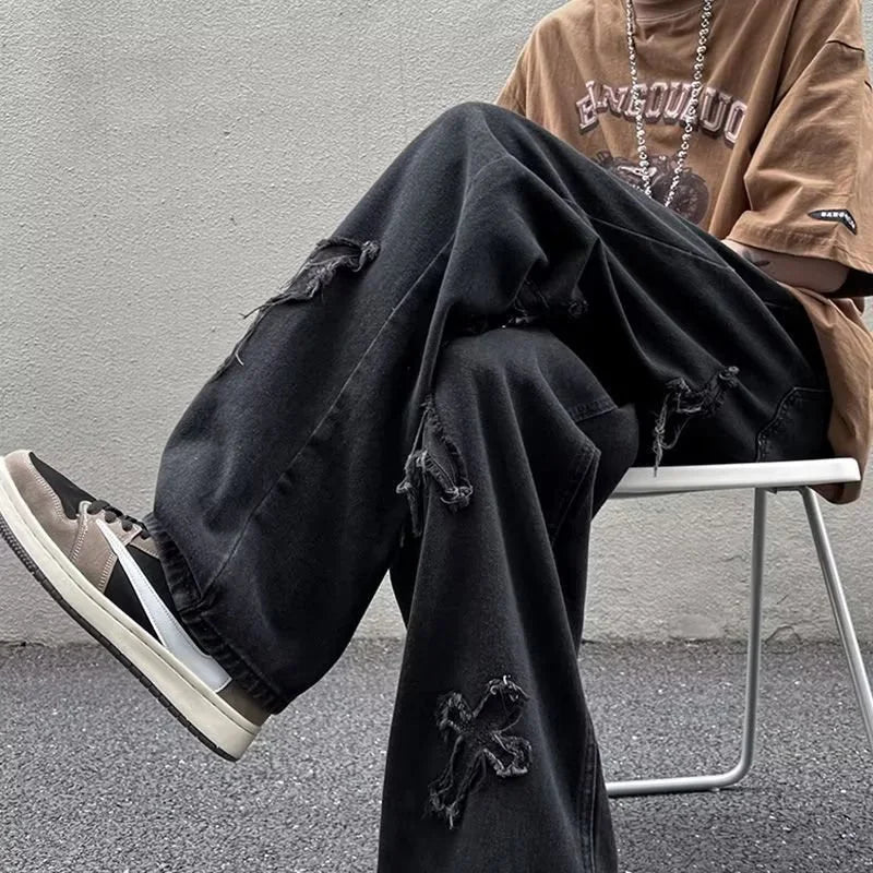 Straight Leg Denim Jeans Male New Fashion Casual Loose High Street Y2k Pants New Wide Leg Hip Hop Black Blue Pants