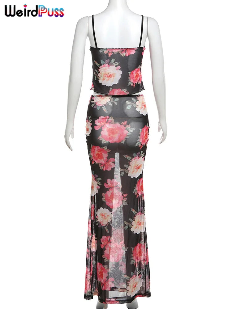 Weird Puss Summer Sheer Women 2Piece Set Side Split Slim Long Skirt+V Neck Camisole Ladies Sexy Vacation Party Matching Suits