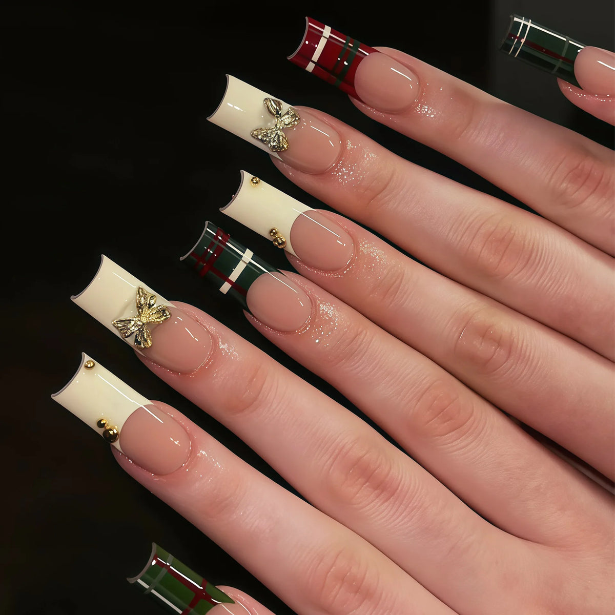 24pcs Y2K Sweet Stars Press On Nails Blue Brown Stripes French Style False Nails Wave Point Designs Autumn Vintage Fake Nail