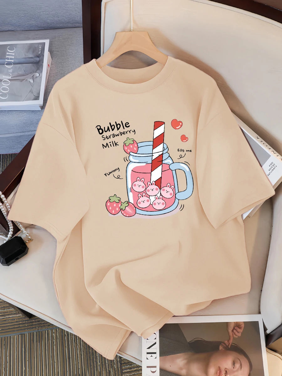 Delicious Strawberry Beverage Print Women T Shirt Summer Breathable Tee Cotton Street Clothing Casual Sport Cool Short Sleeve