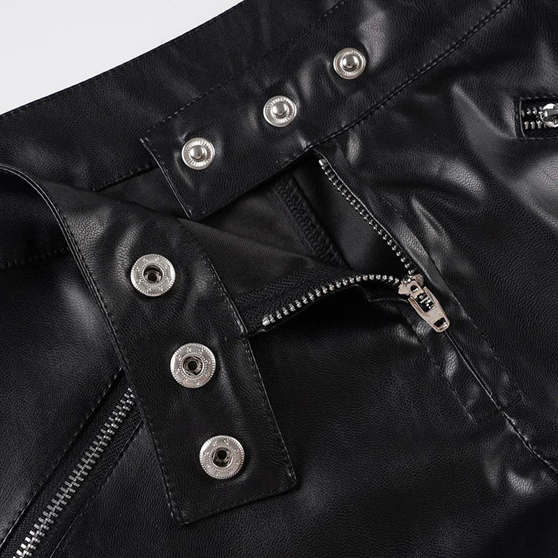 Street punk style low waist exposed navel three button leather shorts