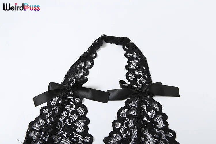 Weird Puss Mesh Sexy Bow 2 Piece Set Summer Women Halter Backless Lace Tank Tops+Shorts Matching Clubwear Coquette Hipster Suits