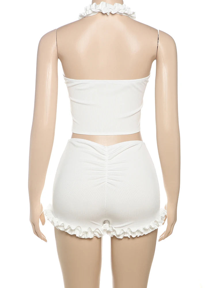 Weird Puss Ribbed Casual 2 Piece Set Women Ruffles Square Collar Backless Tank Tops+Skinny Shorts Versatile Style Trend Outfits