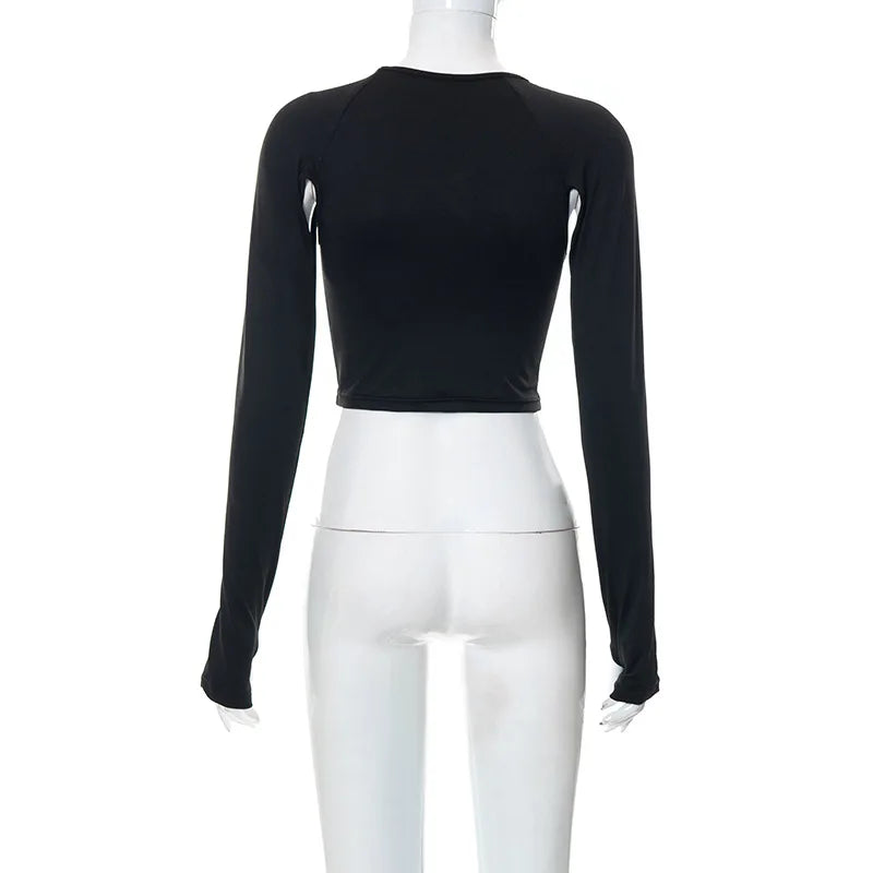 2023 Summer Long Sleeve Cropped Women Top Sexy Aesthetic Club O Neck Fairy Grunge Black Women's top