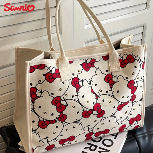 MINISO Sanrio Hello Kitty Canvas Handbag Large Capacity Zipper Shoulder Bag Lightweight Cute Fashion Weaving Tote Bag