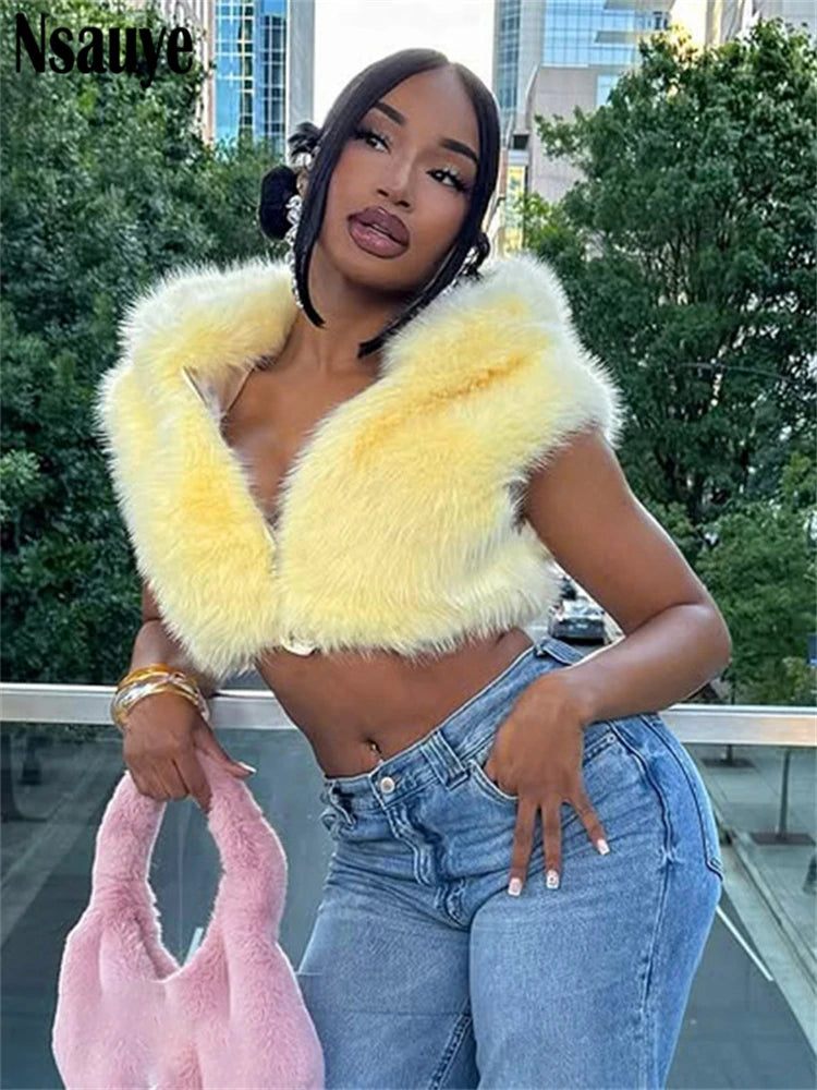 Nsauye Fashion Faux Fur Women Sleeveless Hooded Jackets 2025 Autumn Winter Warm Cardigan Tops Streetwear Slim Outerwear Coat