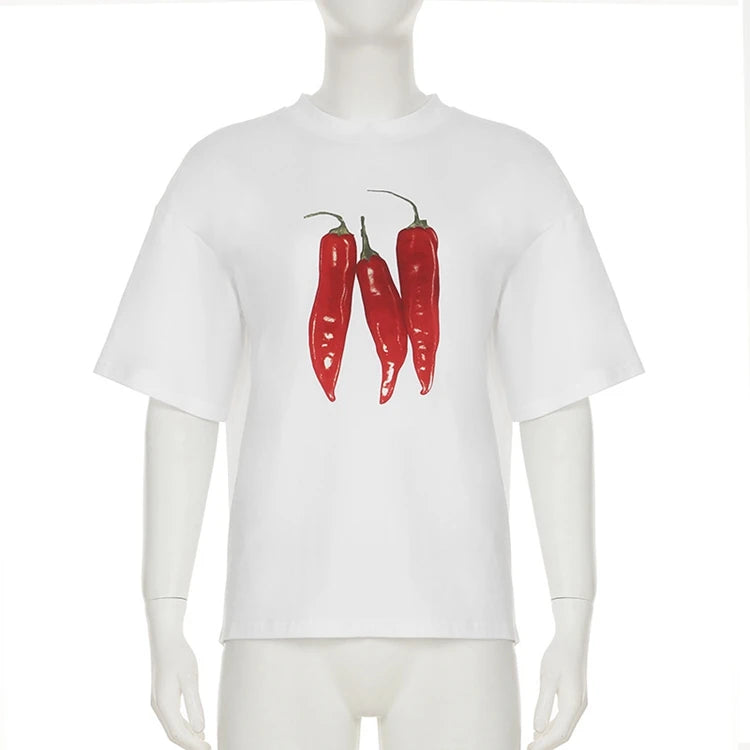 STYLISH LADY Chili Printed T Shirts 2025 Summer Women Short Sleeve O Neck Casual Loose White Streetwear Tops Tees