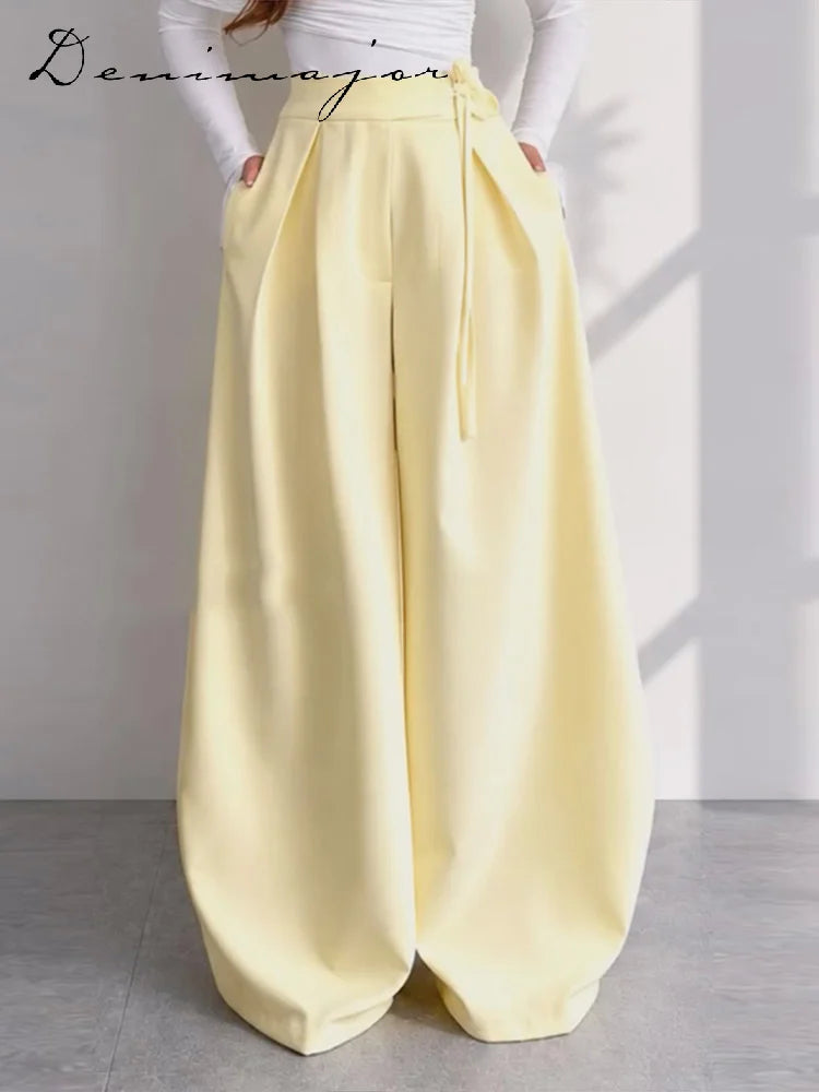 Fashion Solid Two-Piece Set Women V-Neck Ruffle Hem Waist-cinching Coats Bow Lace Up Wide Leg Pants 2026 Autumn New Lady Outfit