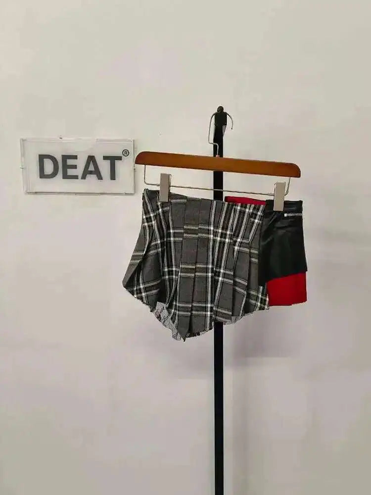 DEAT 2025 Summer New Patchwork Plaid Irregular Pleated Mini Skirt, Zipper Pockets Lace Design Skirts 29L7565