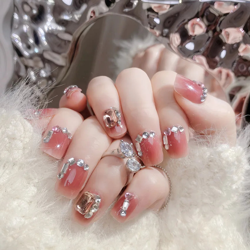 24pcs Heavy Metal Red Crystal Design False Nails 3D Gold Bow Pearl Decor Bride Fake Nail tips Full Cover Diamond Press on nails