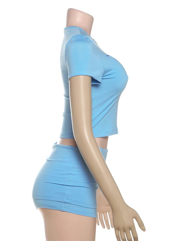 Weird Puss Casual Sporty 2 Piece Set Women Tracksuit Letter Print Short Sleeve Crop Tops+Ruched Shorts Daily Fashion Streetwear