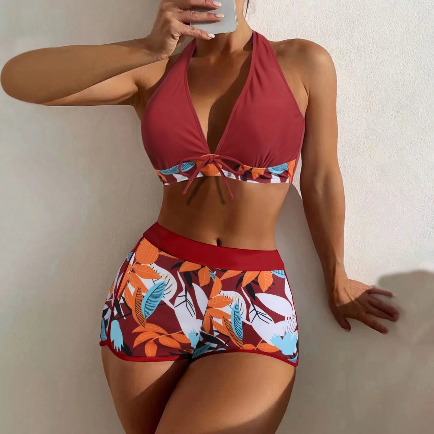 Shorts Bikinis Set  High Waist Swimsuit Women Swimwear  Plant Print Bathers Bathing Swim Suit Beachwear