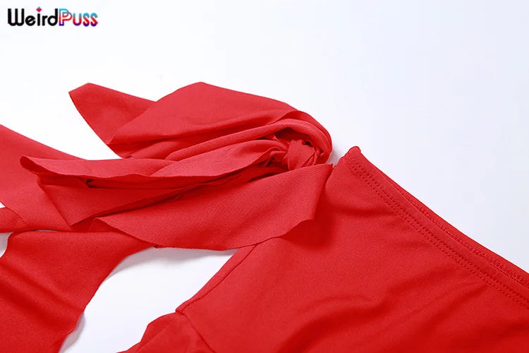 Weird Puss Women 2Piece Set Double-Deck Pleated Tassel Mini Skirt+Bandage Slim Tank Top Festival Party Sexy Matching Outfits