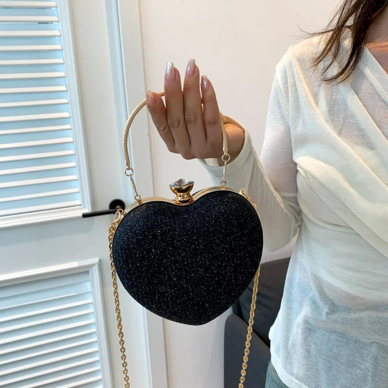 Evening Clutch Bag For Women Shiny Heart Shape Metal Clutch Chain Shoulder Purse