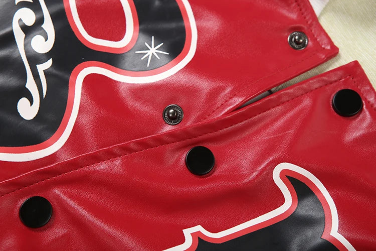 Weird Puss PU Patchwork Crop Jacket Woman Uniform Letter Print Full Sleeve Single-Breasted Cardigan Skinny Single-Button Coat