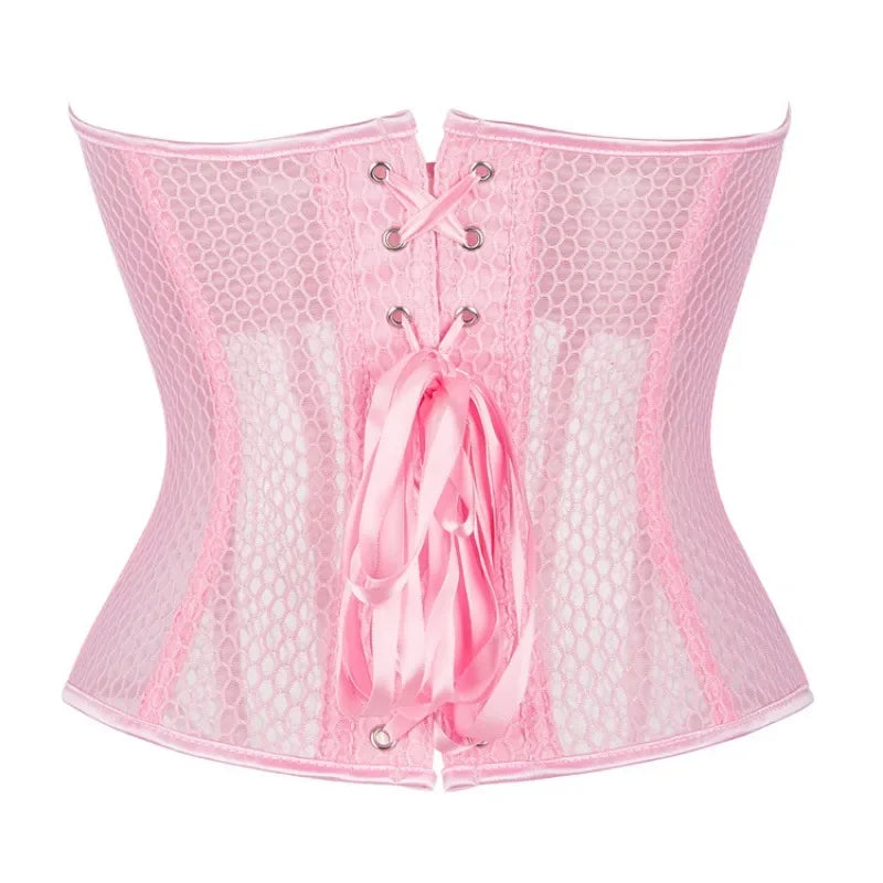 Women Lace Up Sexy Transparent Mesh Boned Corset Overbust Bustier Lingerie Bodyshaper Top Corsets Top