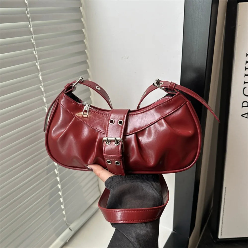 Retro Designer Buckle Armpit Bag Pu Leather Gothic Y2k Shoulder Bag Vintage Cross Body Spicy Girl Handbag Female