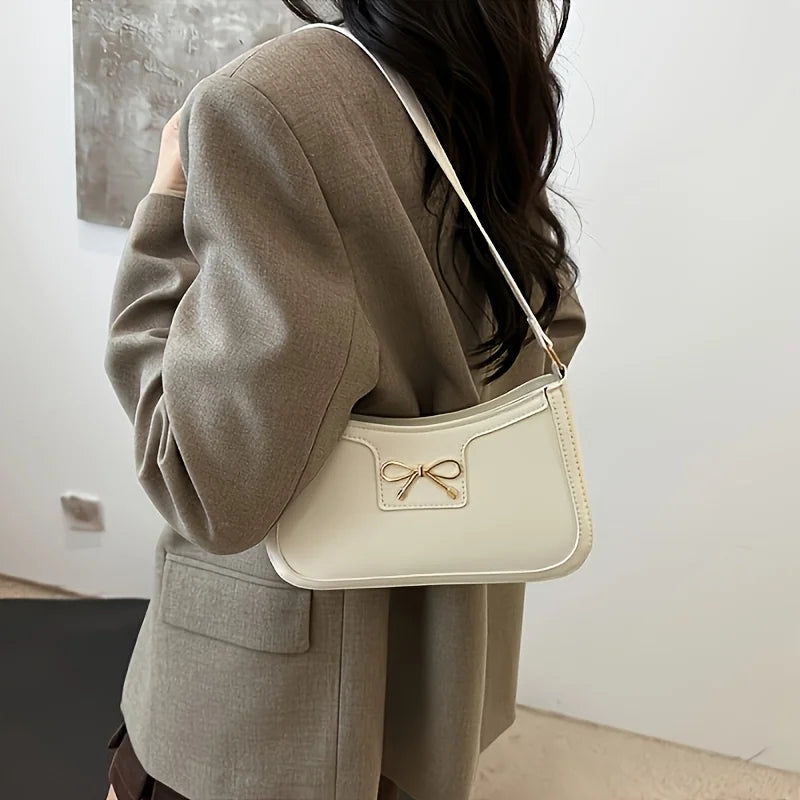 Solid Color Bowknot Shoulder Bag, Elegant Small Square Bag, Suitable for Women Handbags, Zipper Closure,Fashion Underarm Bag,