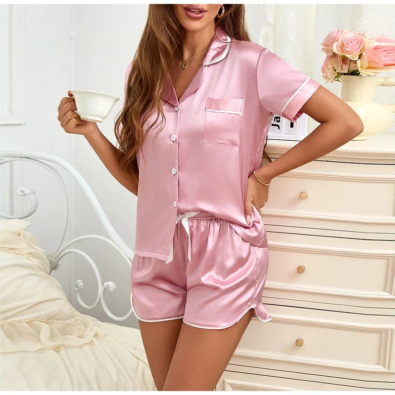 2026 Women Satin Pajamas Set 2-piece Pj Sets Sleepwear Loungewear Button-Down Pajama Women Pajamas Pijama Homewear Shorts Set