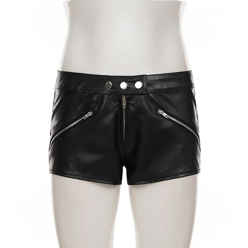 Street punk style low waist exposed navel three button leather shorts