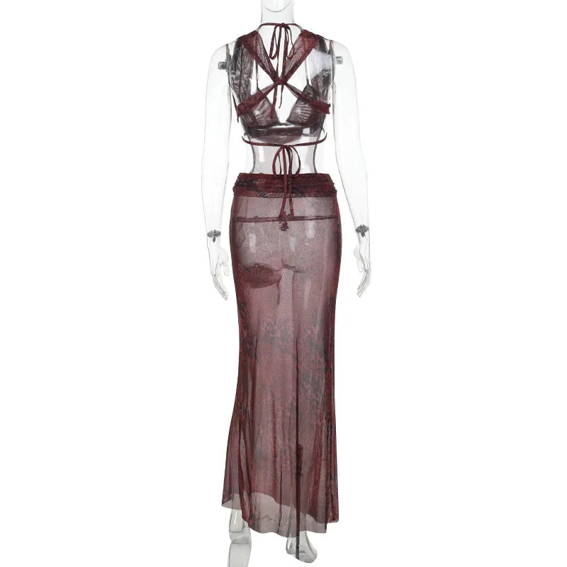 HLJ&GG Sexy Deep V Mesh See Though Bandage Long Dresses Women Tie Dye Print Sleeveless Backless Slim Vestidos Fashion Streetwear