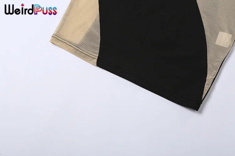 Weird Puss Beach Style Women Bikini 2 Piece Set Sexy Mesh Patchwork One Shoulder Bra Top+Bandage Briefs Vacation Trend Clubwear