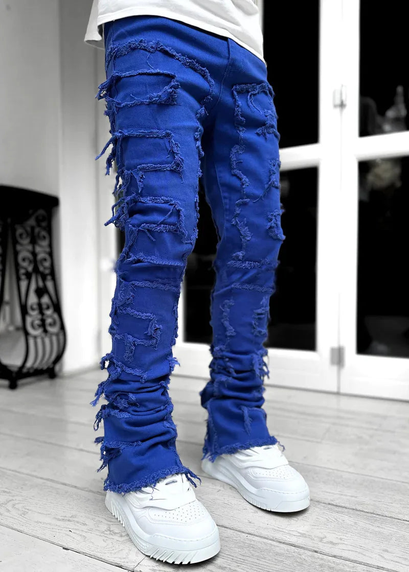 2025 New Men's Stacked Jeans Stretched Patchwork Tassel Damaged Denim Full Length Pants Hip-pop Trousers For Male