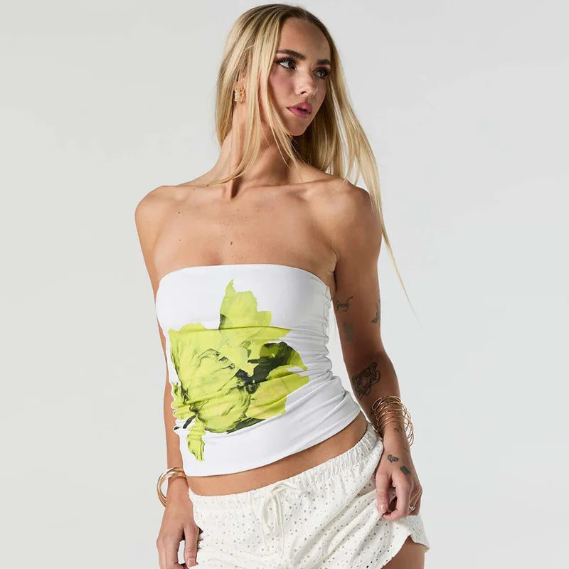 Nsauye 2025 Fashion Women Summer Y2K Clothes Skinny Floral Print Mini Tube Tank Tops Sleeveless Sexy Club High Street Crop Tops