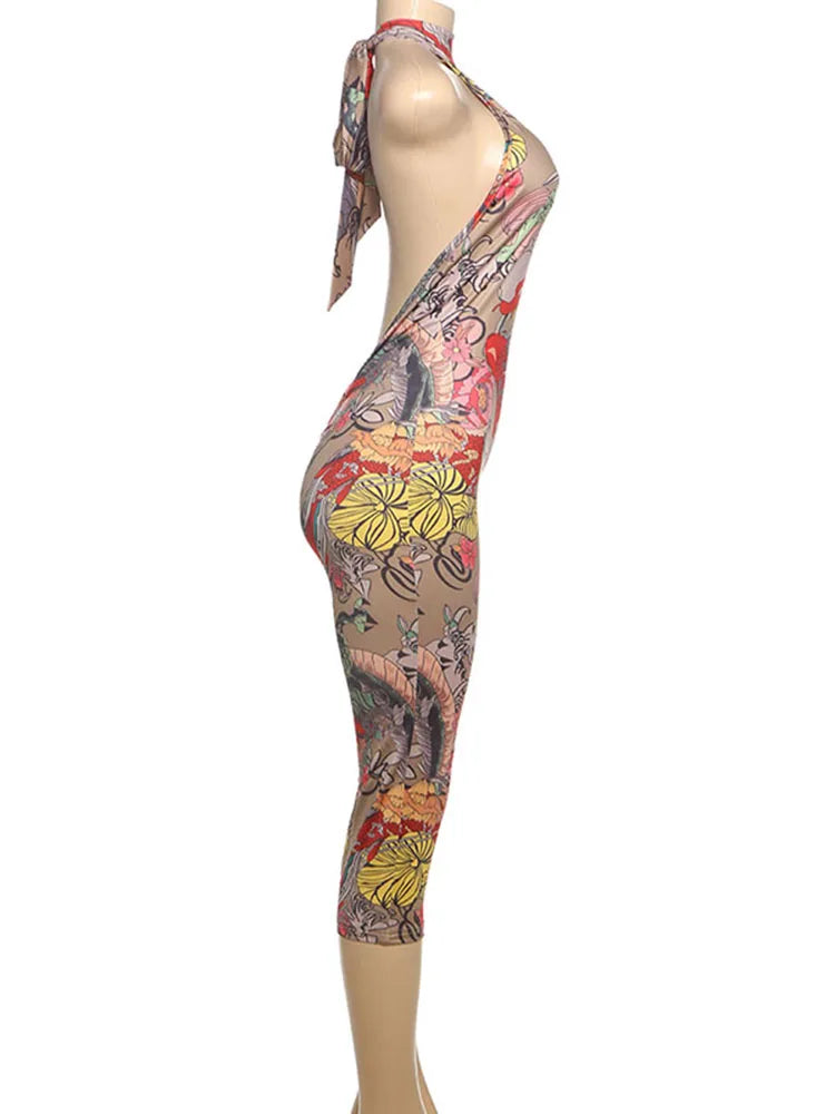 Weird Puss Backless Romper Women Halter Bandage Leopard Print Fit Tight Stretch Summer Sexy Hipster Activity Workout Playsuits