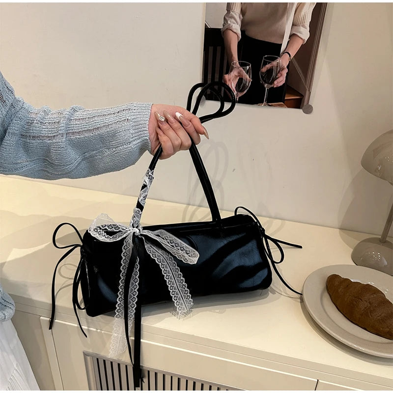 Korean Bow Ribbon Handbag Fashion Lace Square Shoulder Bag French Elegant Baguette Bag Leisure Large Capacity Tote Underarm Bag
