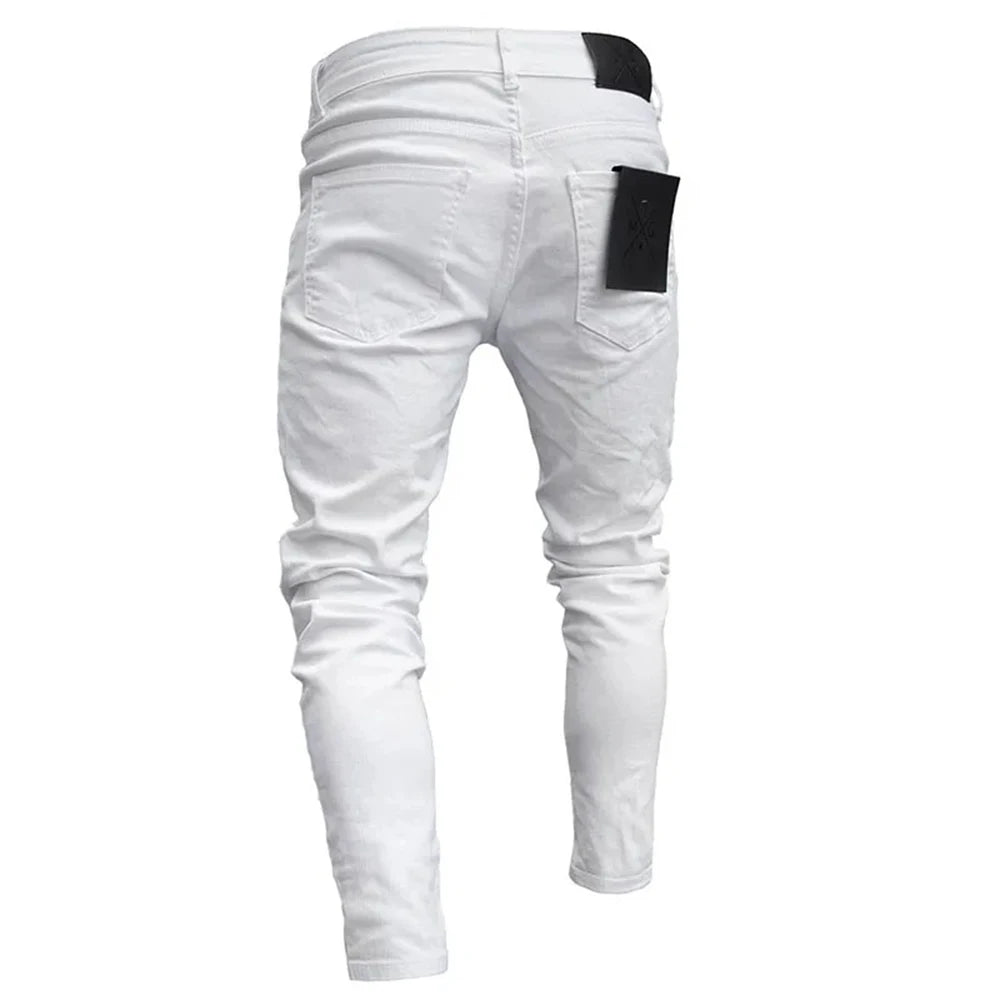 White Embroidery Skinny Ripped denim Men Cotton Stretchy Hole Slim Fit Hip Hop Denim Pants Casual Jeans for Men Jogging Trousers