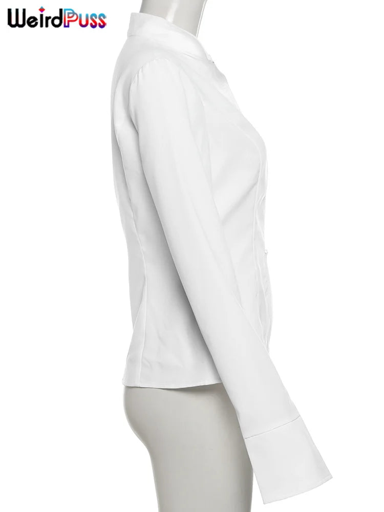 Weird Puss Casual Women 2Piece Set Autumn Trend Skinny Simple Daily Long Sleeve Crop Tops+Puffy Skirt Streetwear Matching Outfit