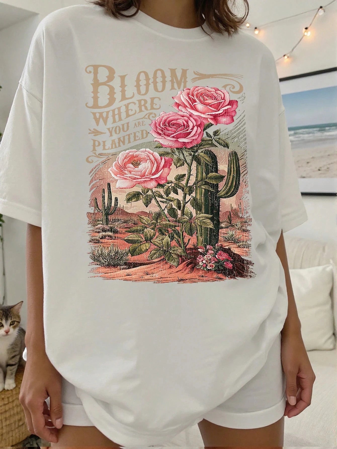 Bloom Where You Are Planted Cactus Rose Design Womens T Shirts Cotton Casual T-Shirt Summer O-Neck Top Soft Loose Short Sleeve