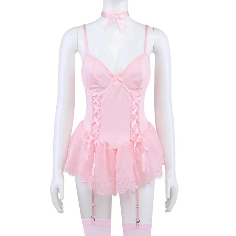 Lace Fancy Patchwork Garters Sexy Lingerie Girly Pink Corset Dress Stocking Matching Cute Sexy Uniform Lingerie New