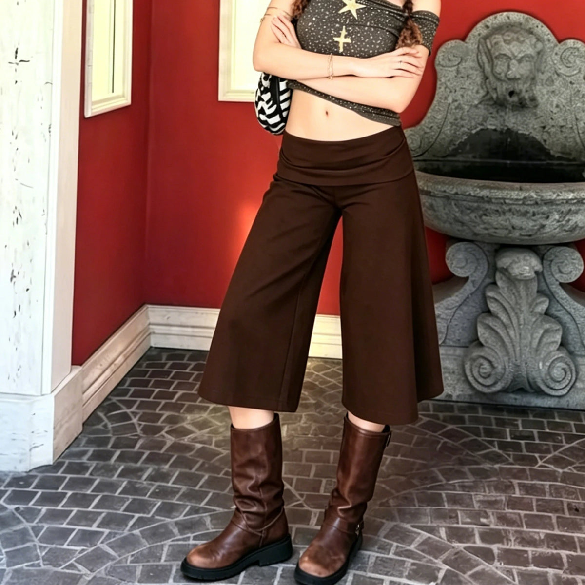 Capri Pants for Women Low Rise Fold Over Capri Yoga Pant Soft Comfy Flowy Wide Leg Capris Culottes Bottoms