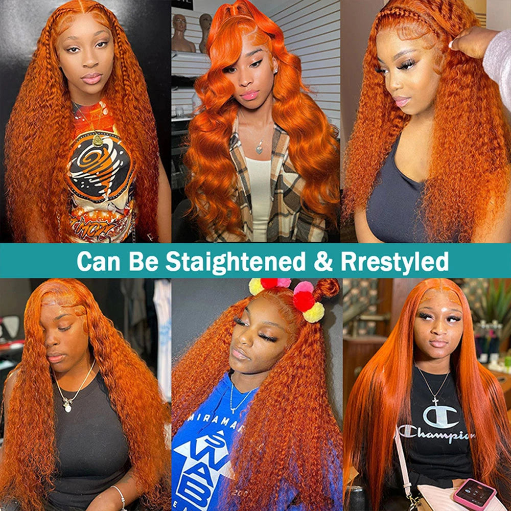 Wiggogo Orange Ginger Lace Front Wig Human Hair 30 Inch Curly Lace Front Human Hair Wig Deep Wave 13X4 13X6 Hd Lace Frontal Wigs