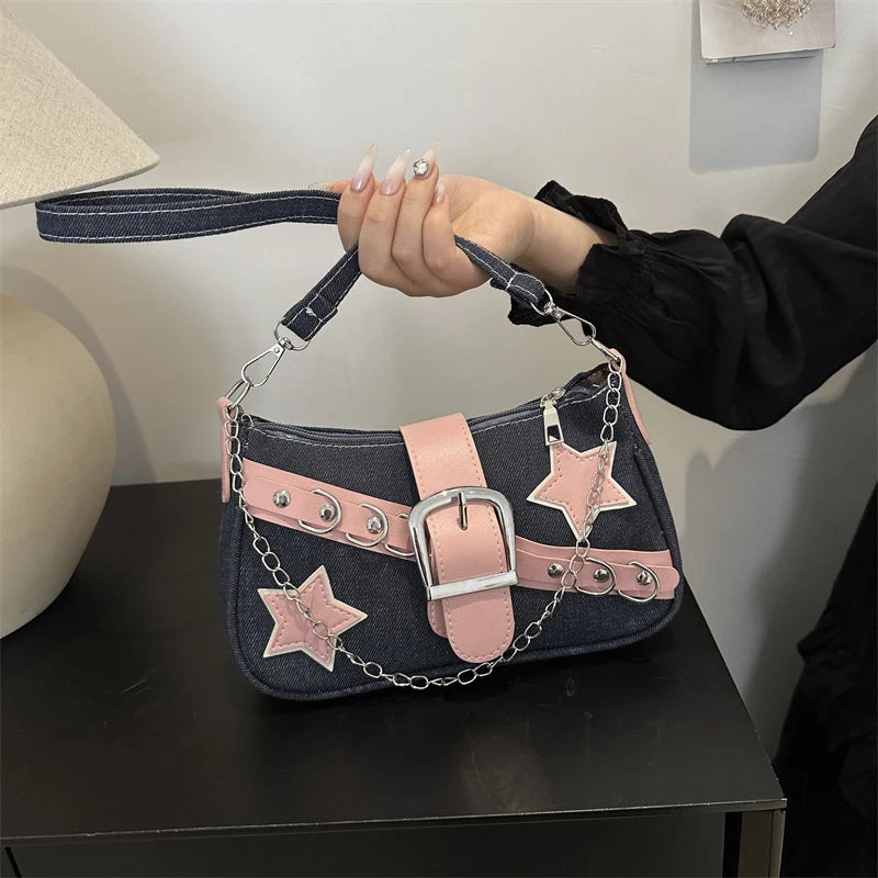 Fashion Women's Handbags Denim Stars Pattern Cool Girls Underarm Bag Female Small Shoulder Hobo Bags Chain Tote Bag