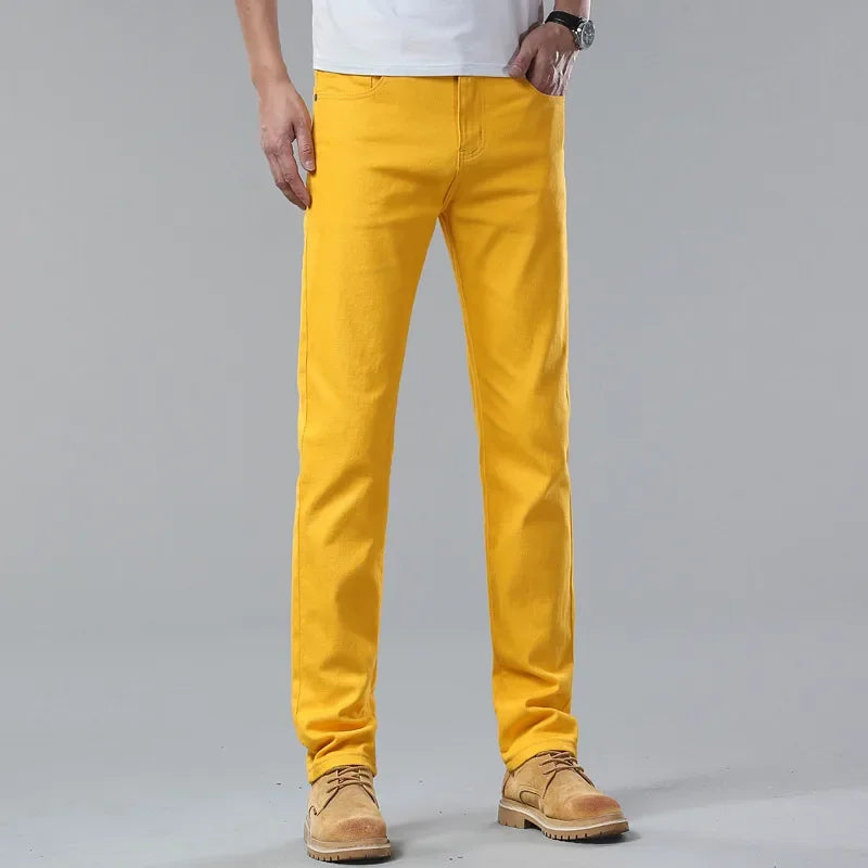 White Yellow Pink fashion 5 Color Men's Cotton Casual Pants Jeans Slim Straight Solid Color Business Trousers Four Seasons Brand