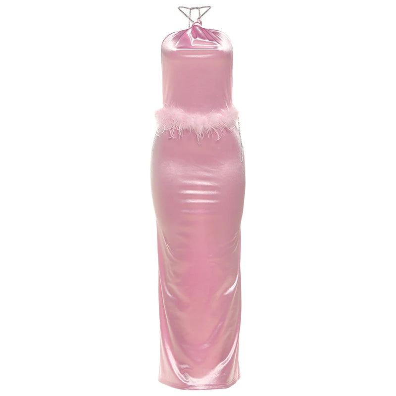 Weird Puss Satin Feather Waist Dress Women Y2K Sexy Sleeveless Backless Tassel Rhinestones Split Banquet Party Clubwear Vestidos