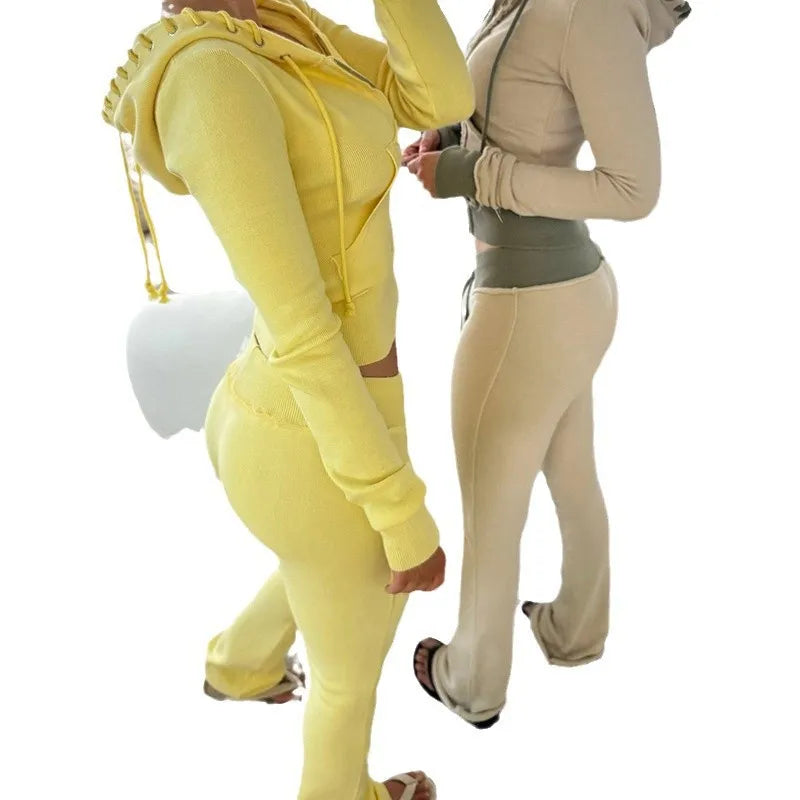 Solid Zip Cardigan & Bodycon Pants Set — Women's Streetwear