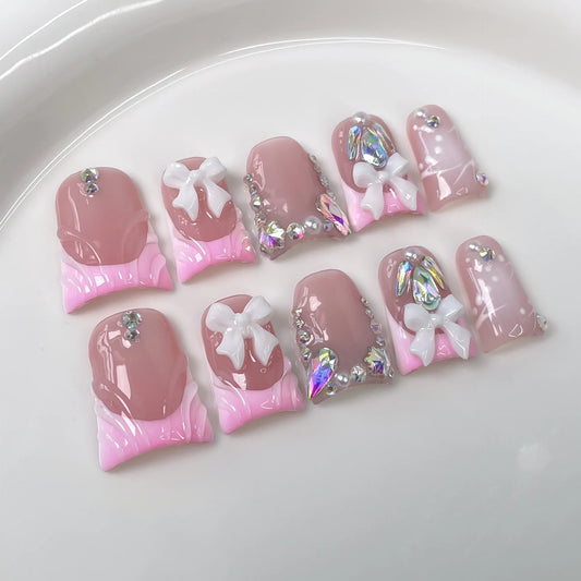 10pcs Sweet White Bowknots Press On Nails Pink French Style Glitter Diamond Pearl Decor Handmade False Nail Blush Duckbill Nails