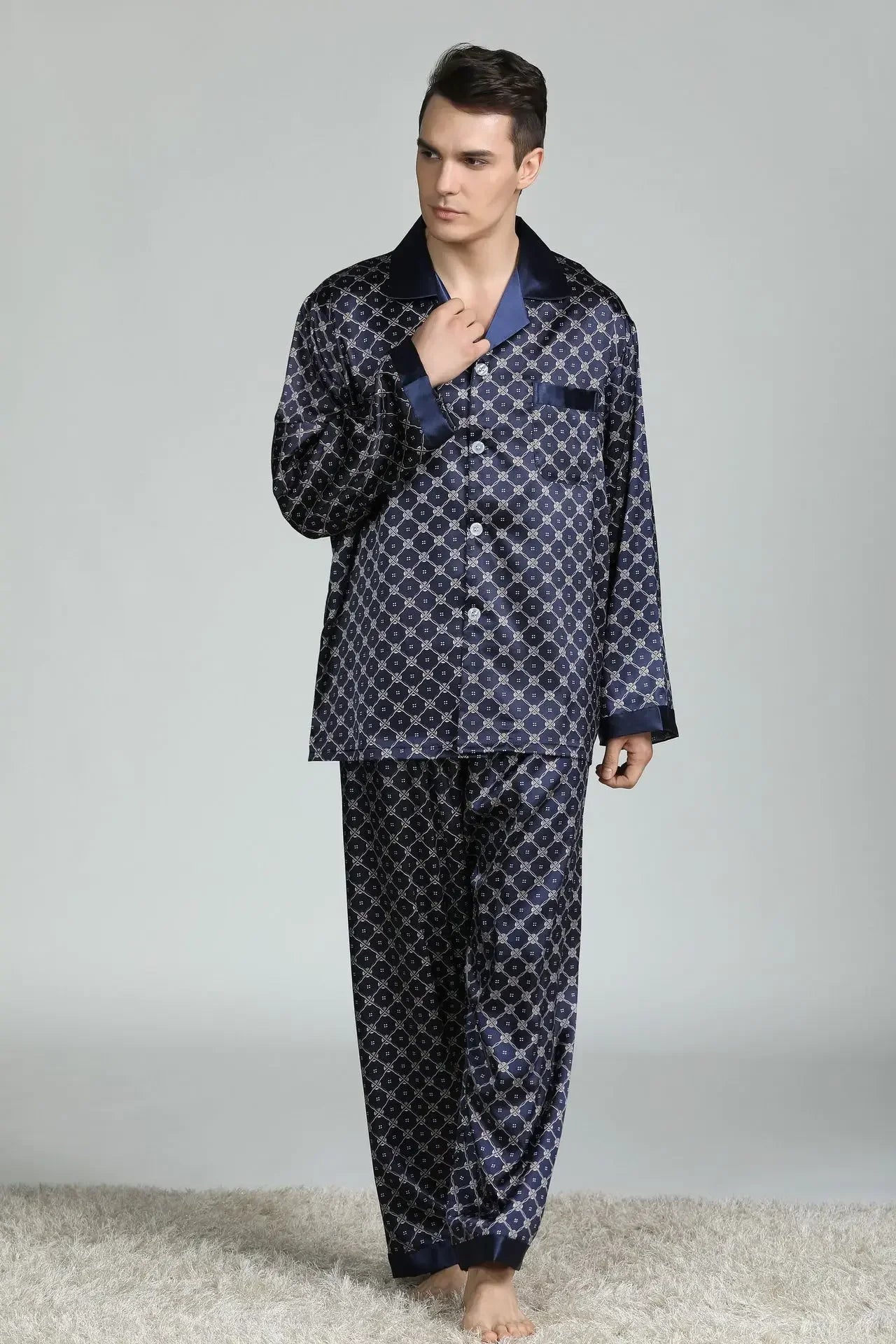 Silk Satin Pajamas for Men Sleepwear Cozy Soft Print Long Sleeve Nightgown Tops + Trousers Two Pieces Mens Pajama Set